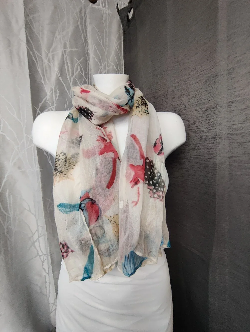 Bird Print Scarf Lot of 2 Lightweight Sheer Viscose Polyester 1 Oversized Wrap